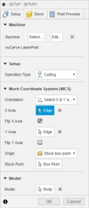 Fusion 360's Manufacture (CAM) Setup dialog, with the nuCarve LaserPost machine having been selected.