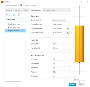 Fusion 360 tool cutting data properties used by LaserPost.