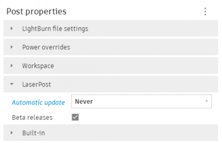 Screen snapshot of LaserPost post-processor options showing the LaserPost section with Automatic updates set to Never.