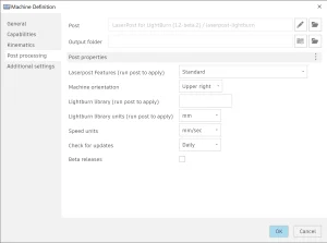 Post properties tab on the Machine Definition page for LaserPost for LightBurn, in Standard mode.