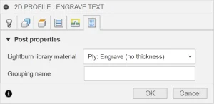 Dialog from Fusion 360's 2D Profile Cutting operation, on the post-properties tab showing LaserPost custom properties when in Standard mode.