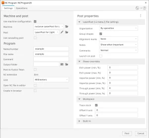 Post properties for LaserPost for LightBurn, in Advanced mode.